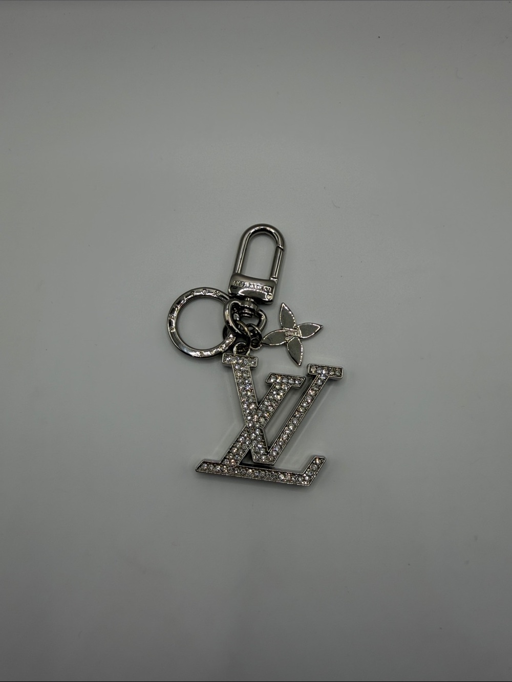 1437. Silver Crystal Monogram Key Chain or Bag Charm with Flower Accent